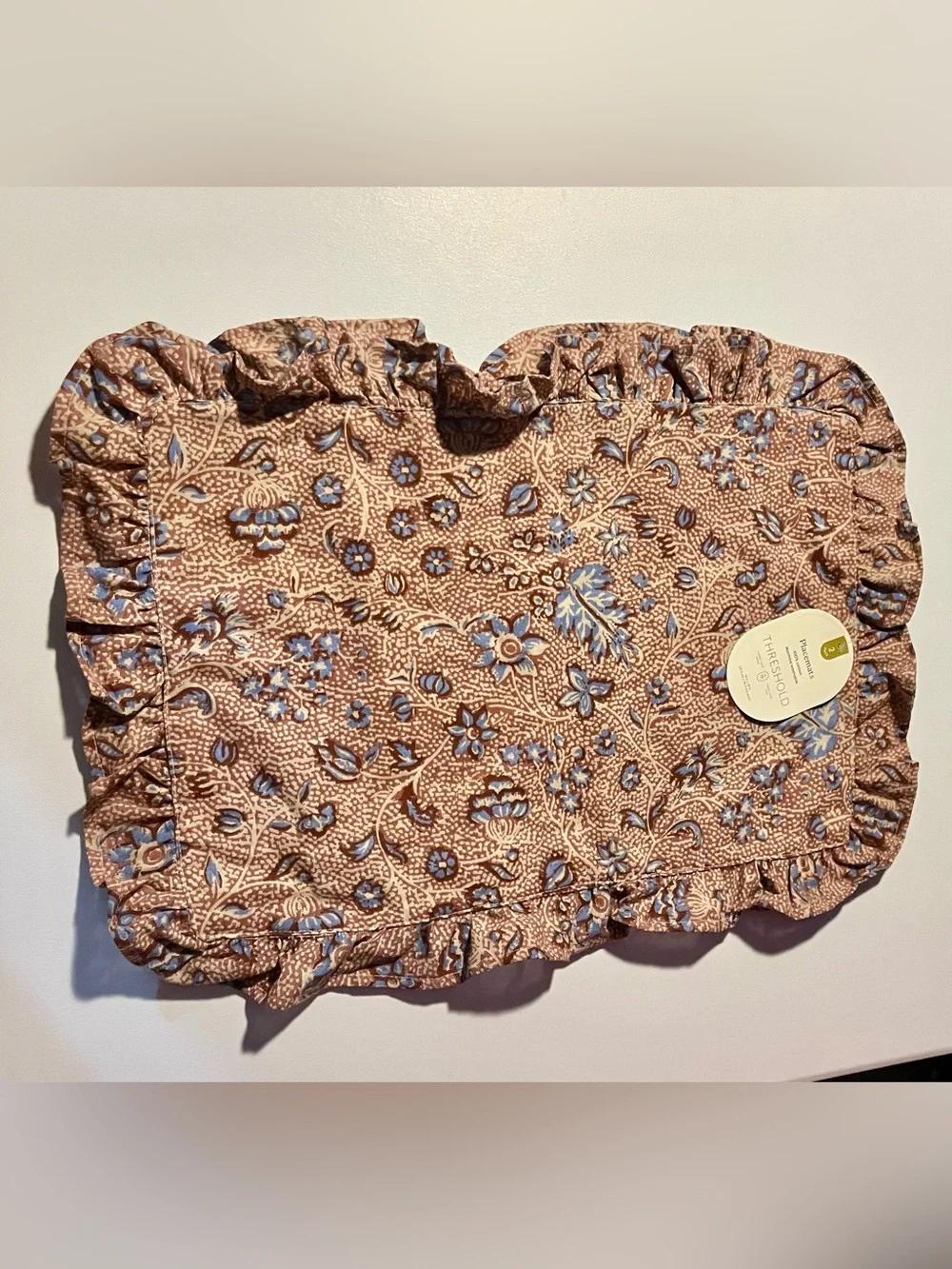 NWT Threshold 2pc Floral Block Print Ruffle Placemats Set Cottagecore Brown Blue